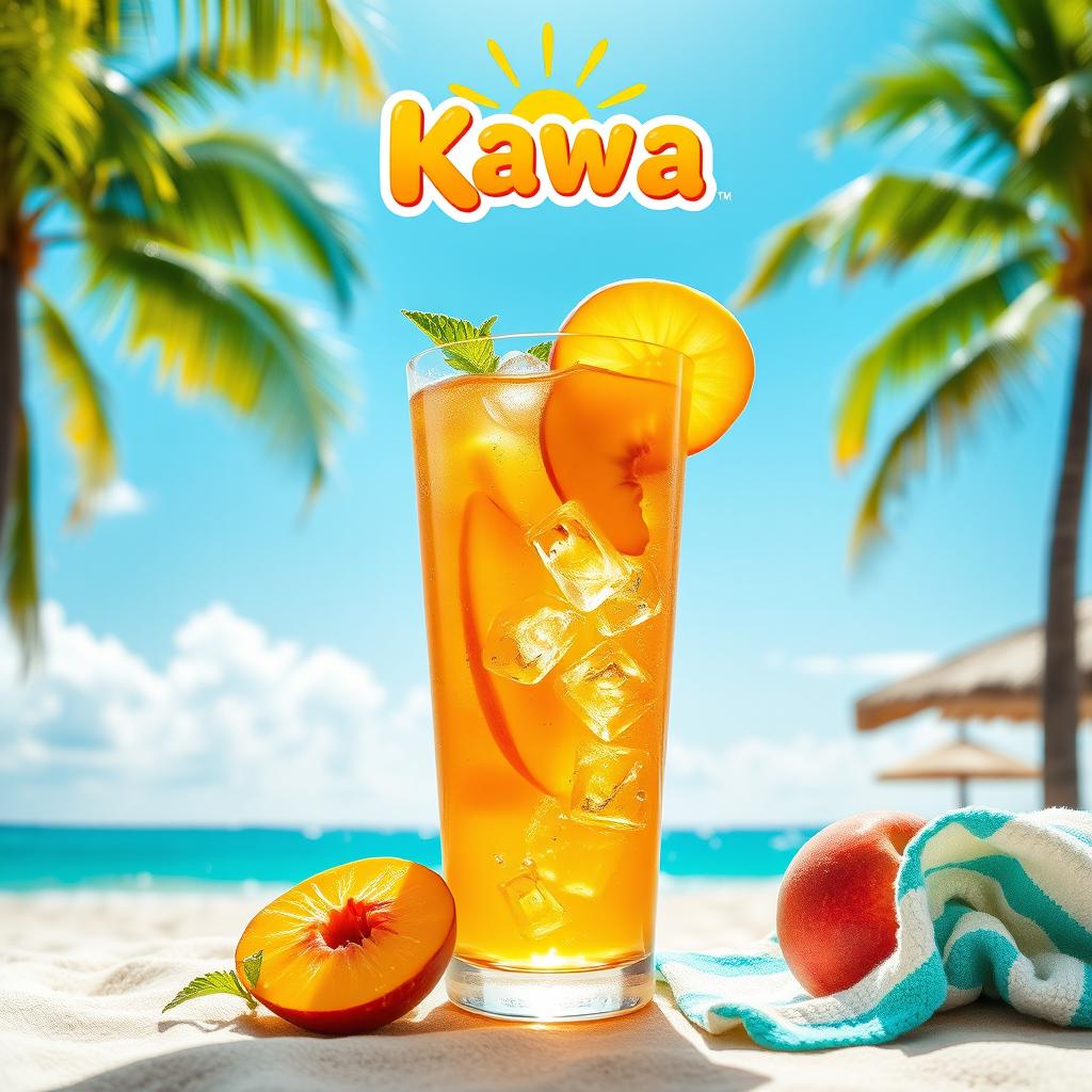 A vibrant summer promotional poster for Kawa Peach Iced Tea, featuring a refreshing glass of iced tea adorned with slices of juicy peaches and a sprig of mint, with ice cubes glistening in the sunlight