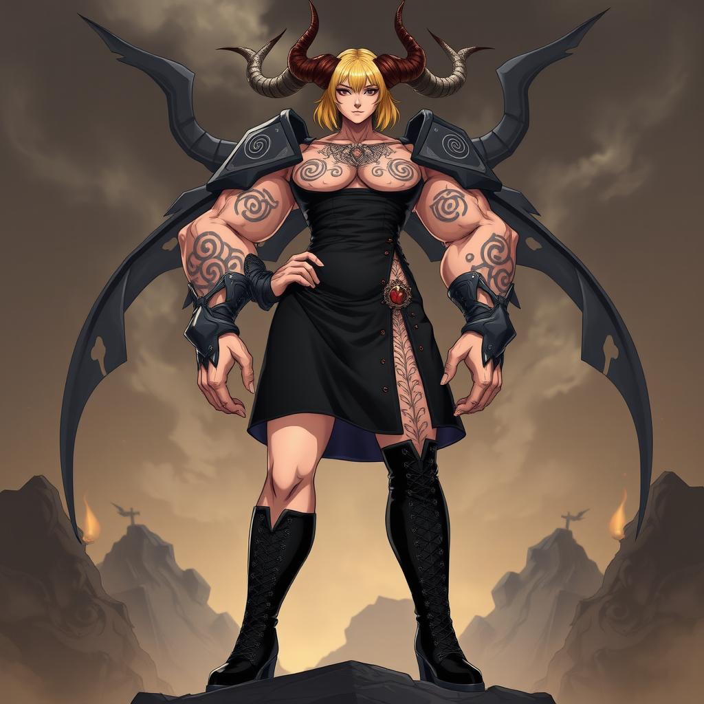 An imposing woman named Angrboda towering over three meters tall, with a muscular build that is less pronounced than Asterios