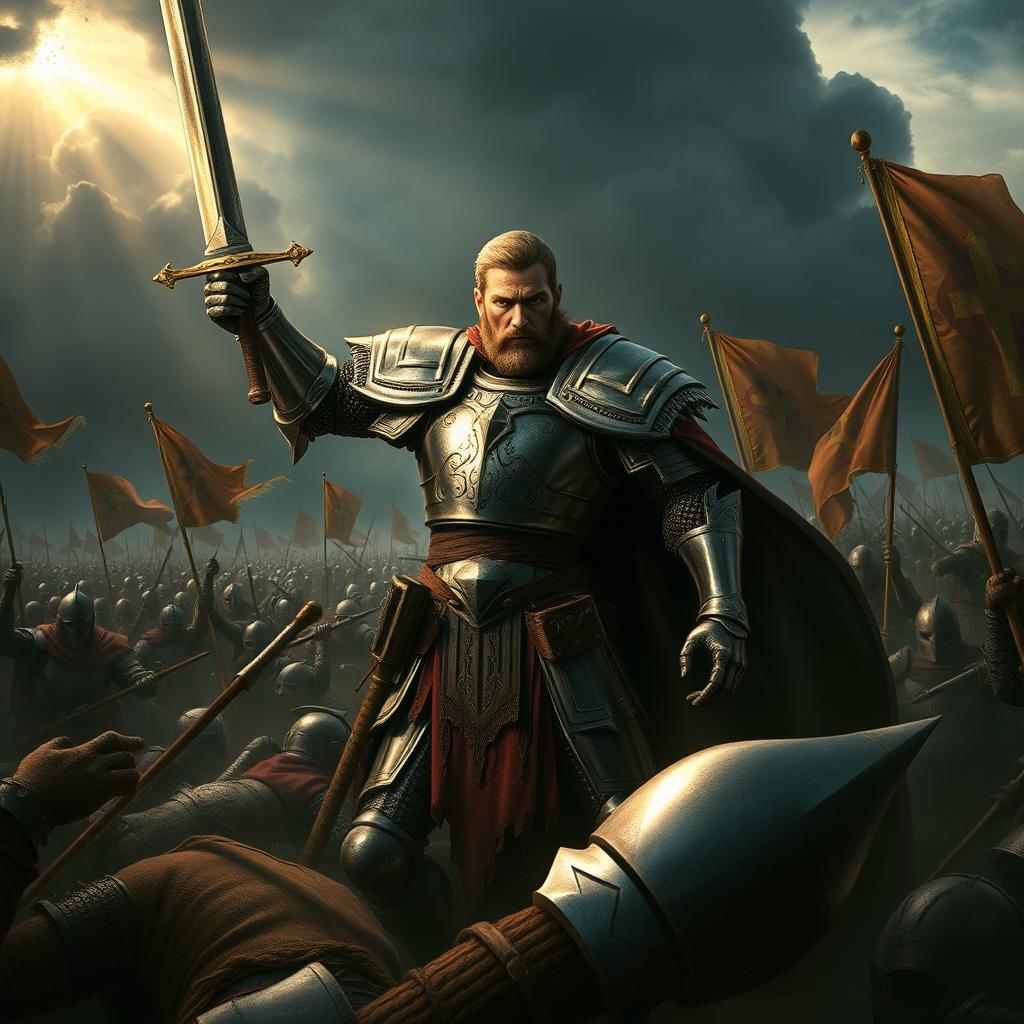 A heroic knight standing valiantly amidst a horde of enemies, clad in shining armor with a detailed design, gripping a sword raised high, showcasing determination and bravery