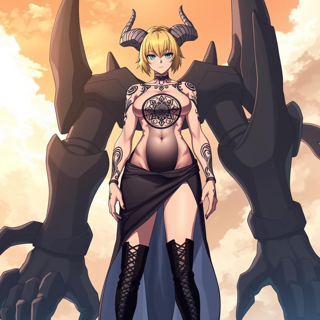 A towering woman known as Angrboda, standing over three meters tall, with a muscular yet less pronounced build compared to Asterios