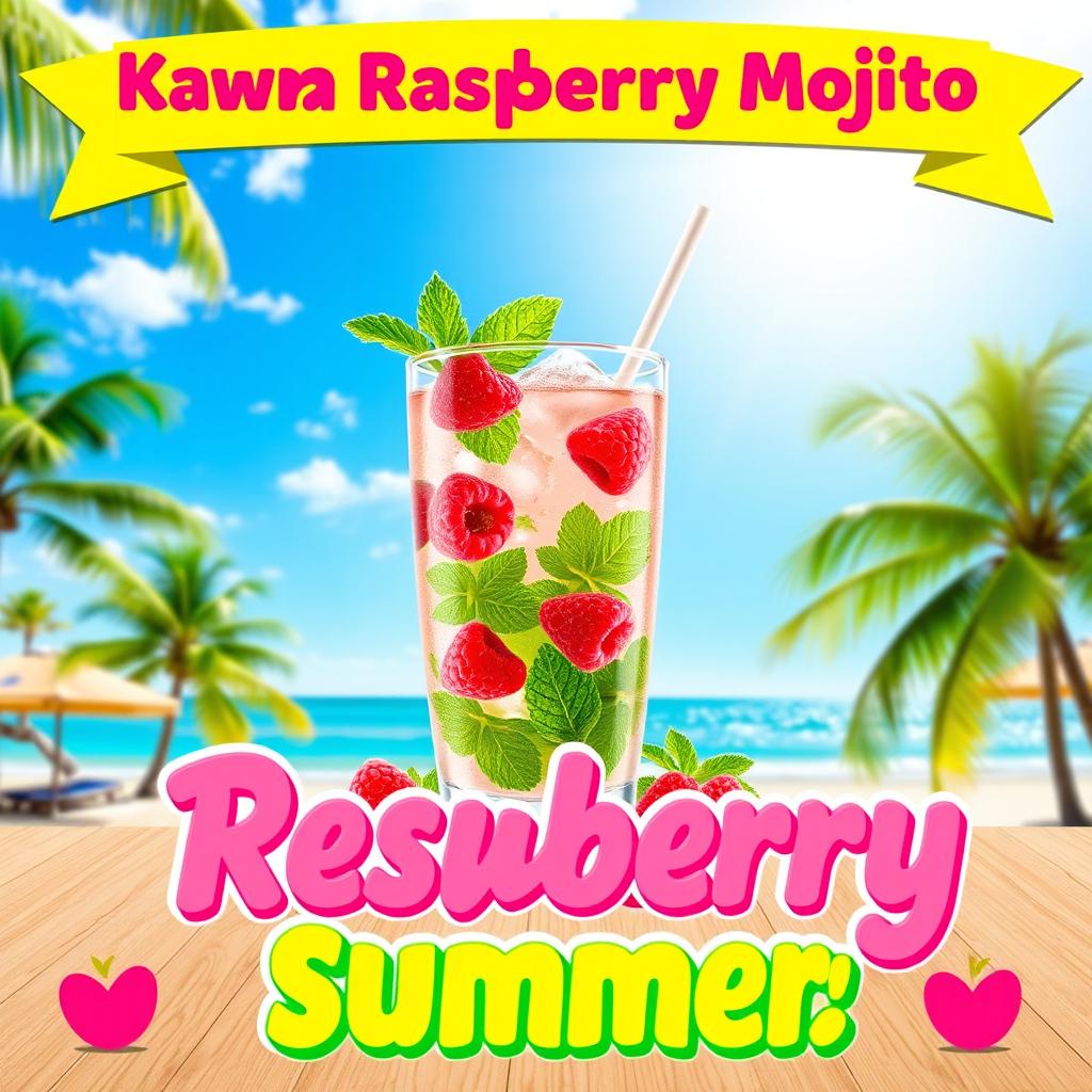A vibrant summer promotional poster for Kawa Raspberry Mojito, featuring a beautifully styled glass filled with a refreshing raspberry mojito, complete with fresh mint leaves and juicy raspberries floating inside