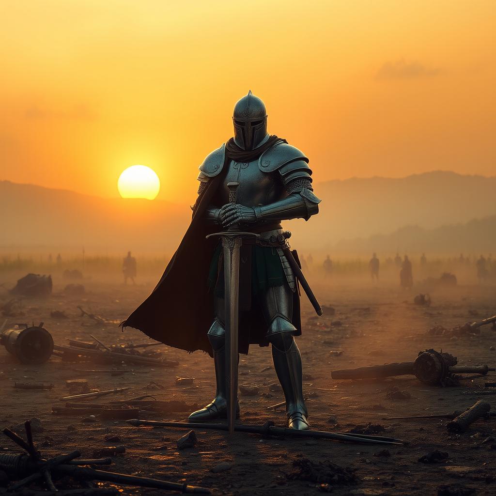 A solitary knight in full armor standing valiantly on an ancient battlefield, surrounded by a misty atmosphere