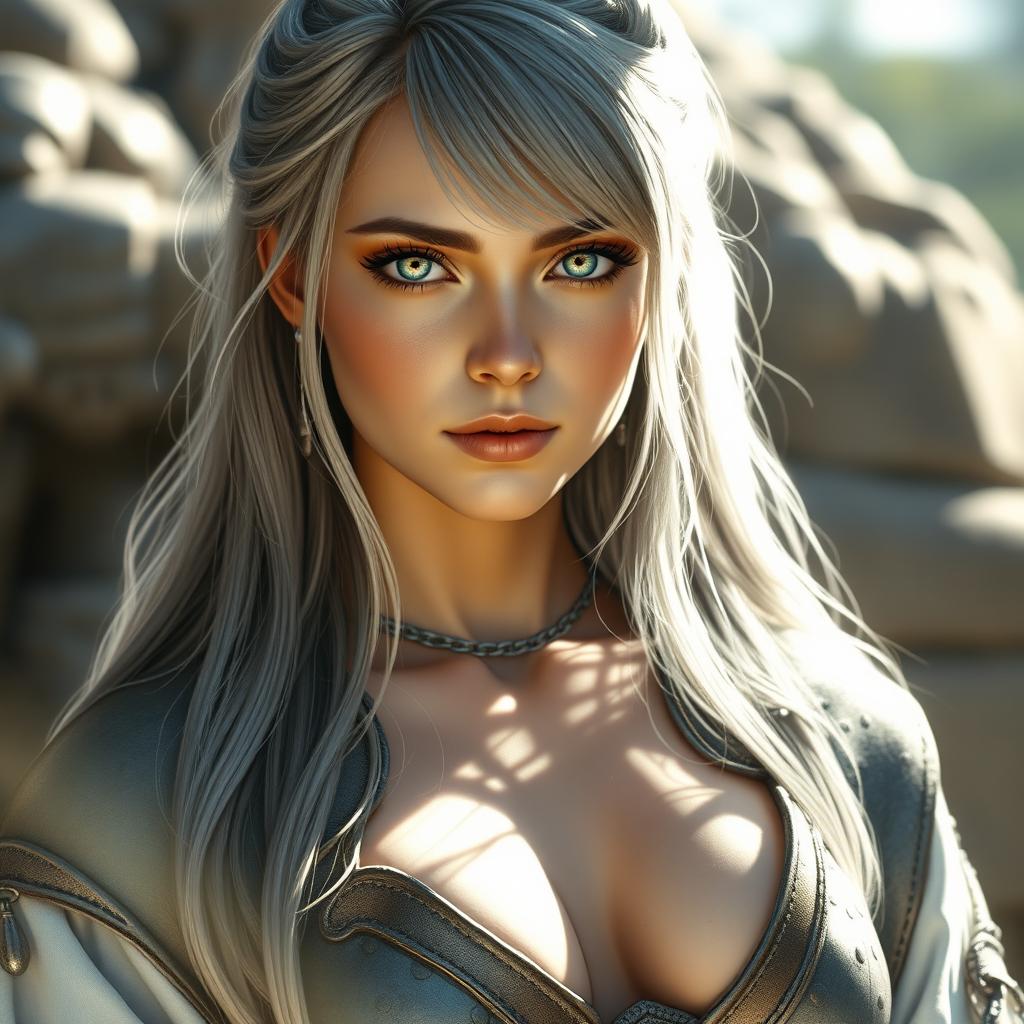 A realistic depiction of a sun cleric healer, a kind and shy girl with long ash grey hair and stunning greenish-blue eyes
