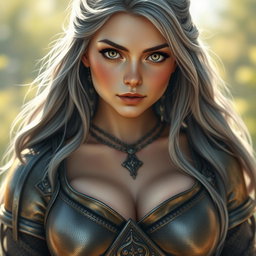 A realistic depiction of a sun cleric healer, a kind and shy girl with long ash grey hair and stunning greenish-blue eyes