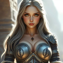 A realistic depiction of a sun cleric healer, a kind and shy girl with long ash grey hair and stunning greenish-blue eyes