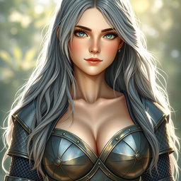 A realistic depiction of a sun cleric healer, a kind and shy girl with long ash grey hair and stunning greenish-blue eyes