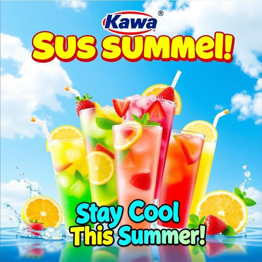 A vibrant and eye-catching summer promotional poster for Kawa iced drinks, featuring a refreshing selection of colorful iced beverages in tall glasses, adorned with fresh fruits like slices of lemon, strawberries, and mint leaves