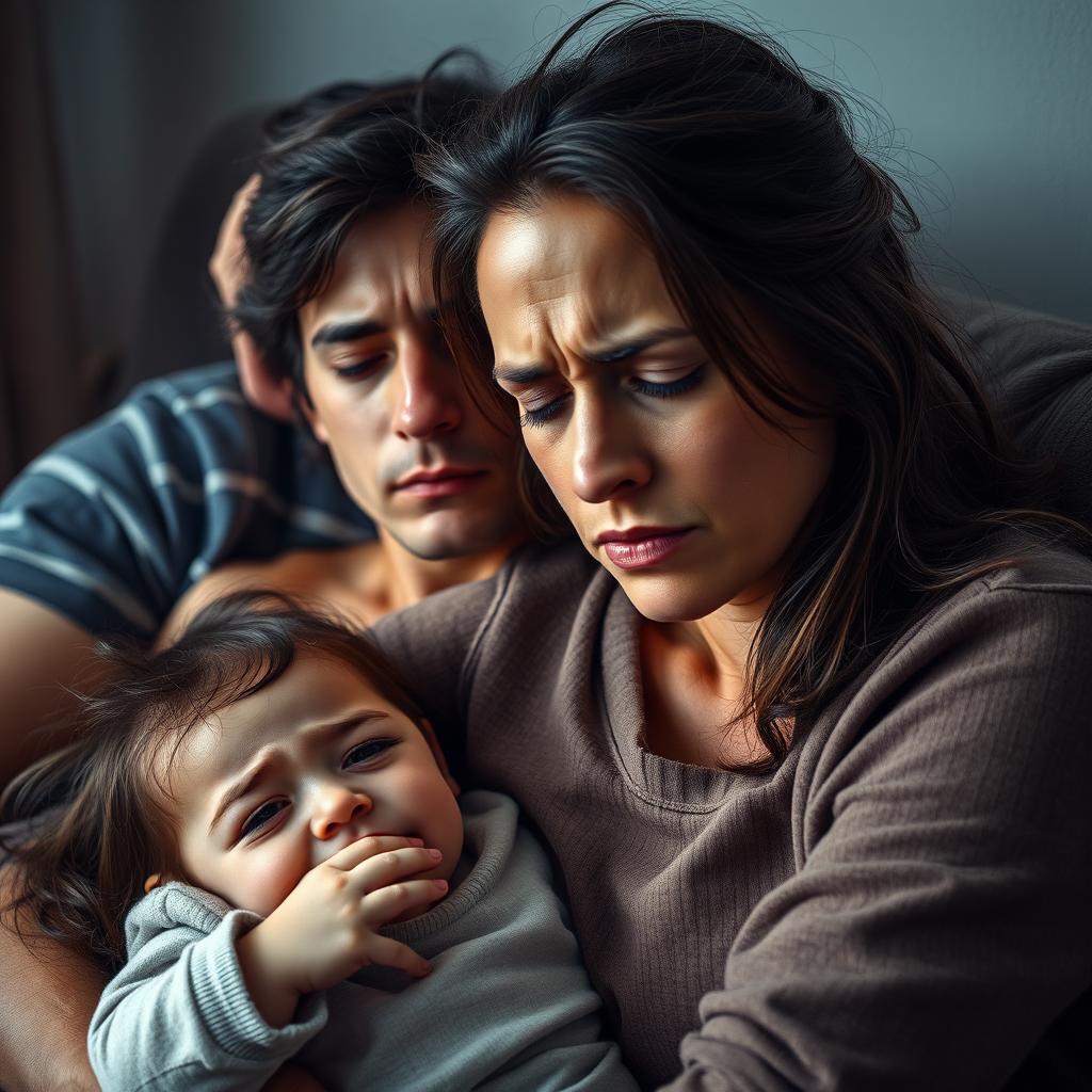 A heartfelt family scene depicting a tired mother and father with their 2-year-old daughter