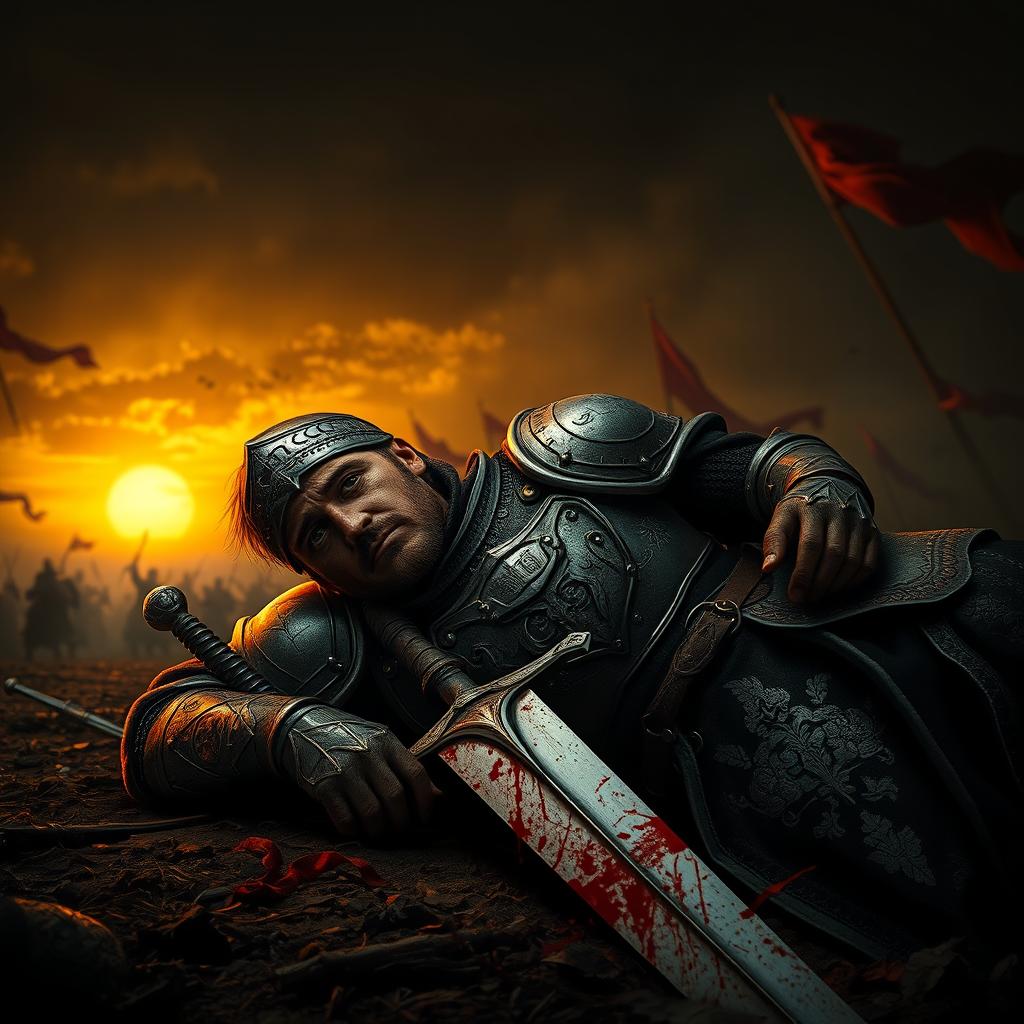 A dramatic scene depicting a valiant knight in the final moments of battle, lying on the battlefield with his sword at his side, bloodied and weary