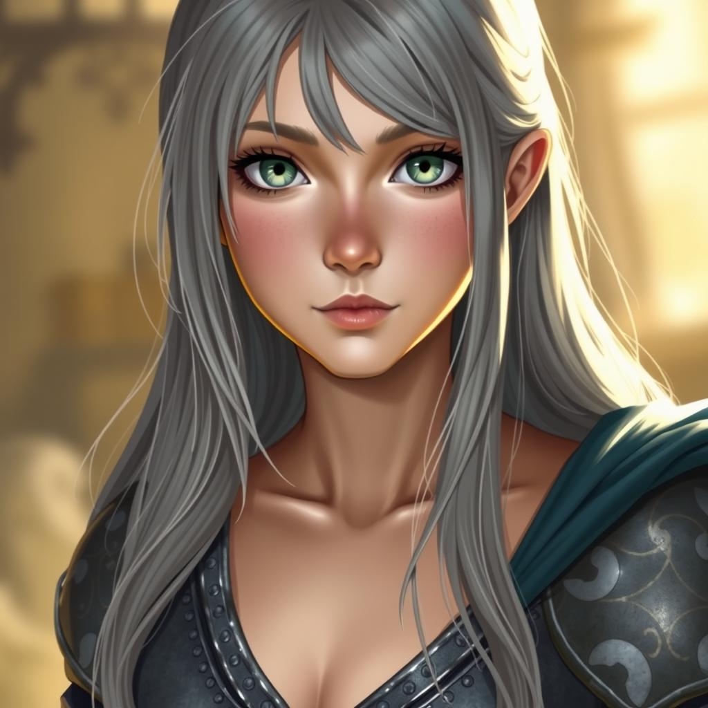 A realistic image of a sun cleric healer, depicted as a kind, slim, innocent, and shy girl