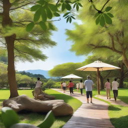 A wellness retreat in a serene environment, bustling with participants of various sizes engaged in different healthy activities such as walking, fitness exercises, and nutritious cooking workshops. The setting is filled with verdant landscapes under a calm, blue sky.