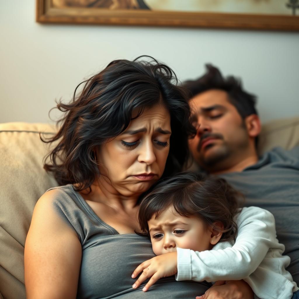 A family scene depicting a tired and frustrated mother, a father asleep on a couch, and their crying 2-year-old daughter