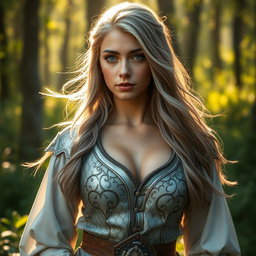 A realistic image of a sun cleric healer, characterized as a kind, slim, innocent, and shy young woman