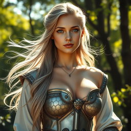 A realistic image of a sun cleric healer, characterized as a kind, slim, innocent, and shy young woman