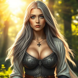 A realistic image of a sun cleric healer, characterized as a kind, slim, innocent, and shy young woman