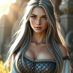 A realistic depiction of a sun cleric healer, characterized as a kind, slim, innocent, and shy young woman