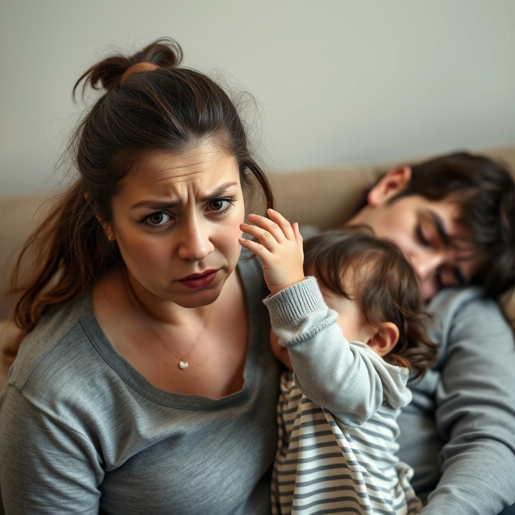 A family scene featuring a weary and frustrated mother standing with her crying 2-year-old daughter, who has dark eyes and eyebrows, reaching for her mother to be picked up