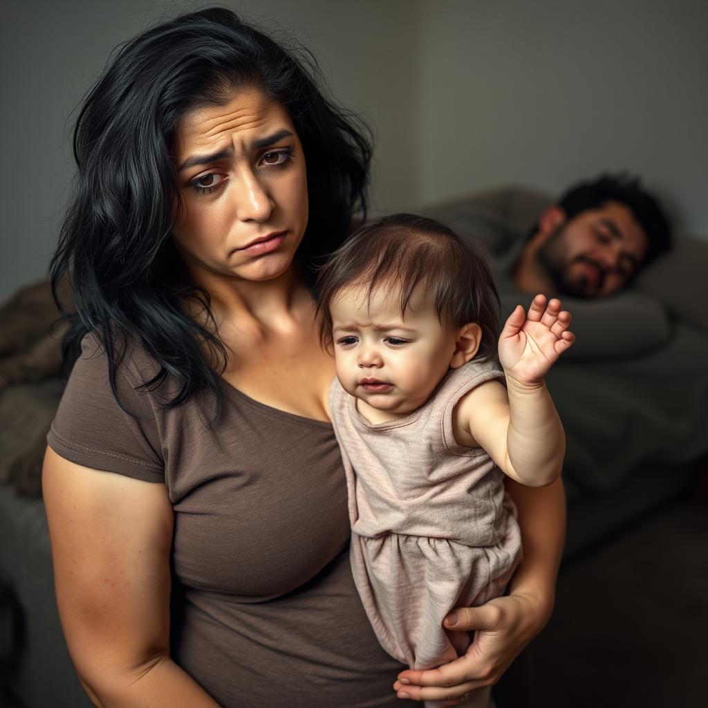 A family scene featuring a worn-out and frustrated mother standing with her 2-year-old daughter, who has dark eyes and eyebrows, crying and reaching up to be held