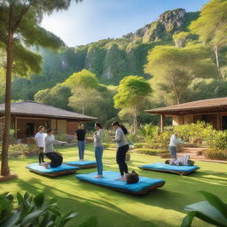 A wellness retreat in a serene environment, bustling with participants of various sizes engaged in different healthy activities such as walking, fitness exercises, and nutritious cooking workshops. The setting is filled with verdant landscapes under a calm, blue sky.