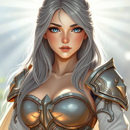 A realistic depiction of an innocent and shy sun cleric healer, featuring a busty young woman with topaz blue eyes and long ash grey hair