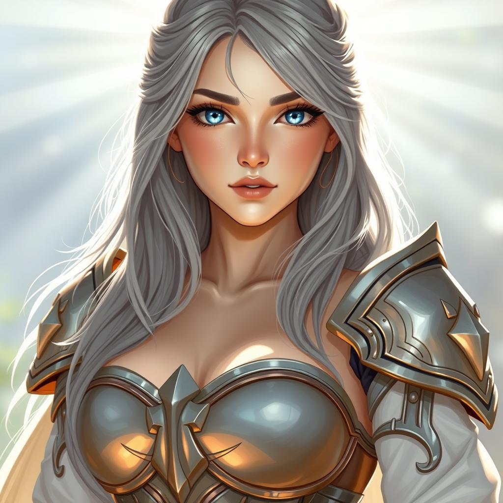 A realistic depiction of an innocent and shy sun cleric healer, featuring a busty young woman with topaz blue eyes and long ash grey hair