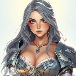 A realistic depiction of an innocent and shy sun cleric healer, featuring a busty young woman with topaz blue eyes and long ash grey hair