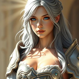 A realistic depiction of an innocent and shy sun cleric healer, featuring a busty young woman with topaz blue eyes and long ash grey hair