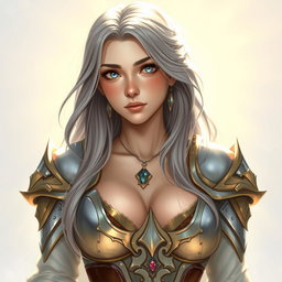 A realistic depiction of an innocent and shy sun cleric healer, featuring a busty young woman with topaz blue eyes and long ash grey hair