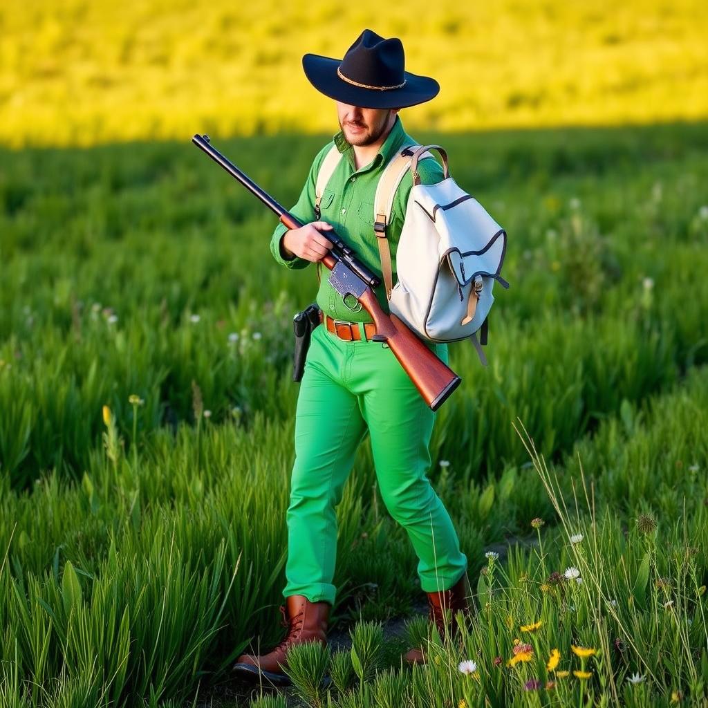 A hunter dressed in vibrant green pants and a matching green shirt, wearing sturdy brown boots