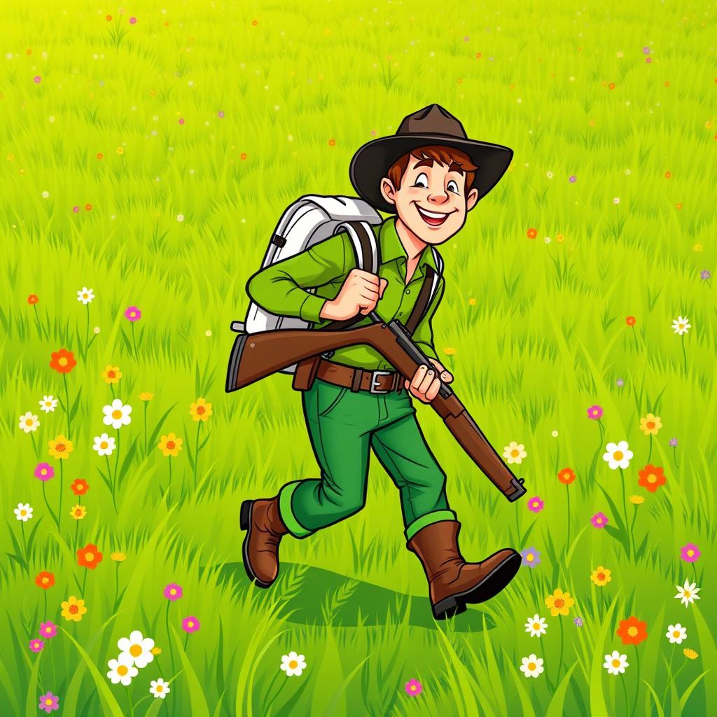 A cartoon-style illustration of a cheerful hunter wearing bright green pants and a matching green shirt