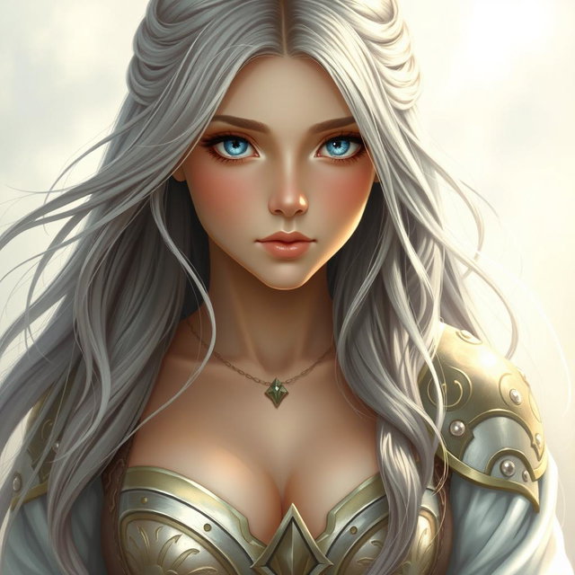 A realistic portrait of an innocent and shy female sun cleric healer, featuring striking topaz blue eyes and long ash grey hair flowing elegantly
