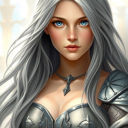 A realistic portrait of an innocent and shy female sun cleric healer, featuring striking topaz blue eyes and long ash grey hair flowing elegantly