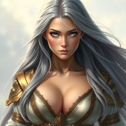 A realistic portrait of an innocent and shy female sun cleric healer, featuring striking topaz blue eyes and long ash grey hair flowing elegantly