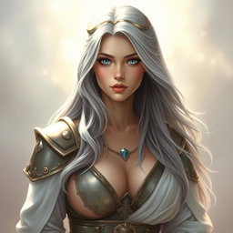 A realistic portrait of an innocent and shy female sun cleric healer, featuring striking topaz blue eyes and long ash grey hair flowing elegantly