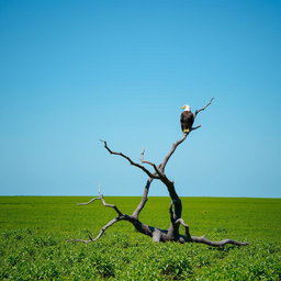 A serene green plain dominated by lush greenery, featuring a striking dead tree, its branches reaching out into the clear blue sky