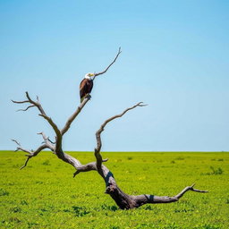 A serene green plain dominated by lush greenery, featuring a striking dead tree, its branches reaching out into the clear blue sky