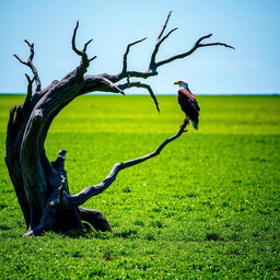 A serene green plain dominated by lush greenery, featuring a striking dead tree, its branches reaching out into the clear blue sky