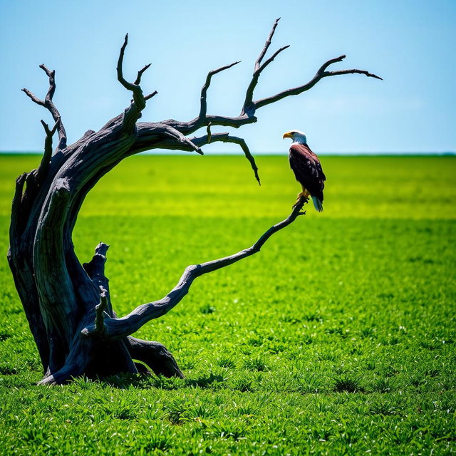 A serene green plain dominated by lush greenery, featuring a striking dead tree, its branches reaching out into the clear blue sky