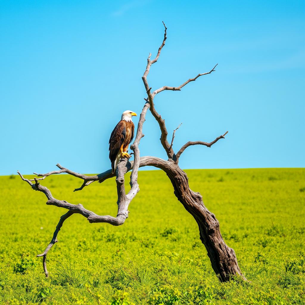 A serene green plain dominated by lush greenery, featuring a striking dead tree, its branches reaching out into the clear blue sky