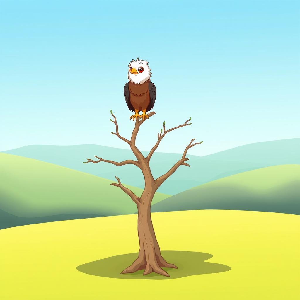 A cartoon-style illustration of a vivid green plain with a prominent dry tree in the center