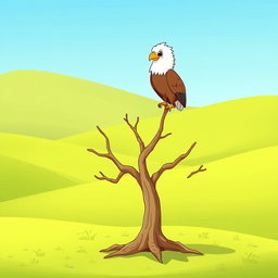 A cartoon-style illustration of a vivid green plain with a prominent dry tree in the center