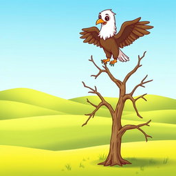 A cartoon-style illustration of a vivid green plain with a prominent dry tree in the center