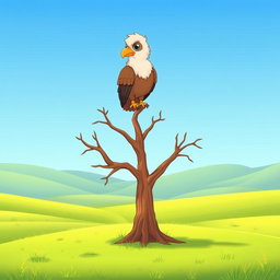 A cartoon-style illustration of a vivid green plain with a prominent dry tree in the center