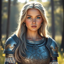 A realistic depiction of a shy and innocent-looking young European woman who is a sun cleric healer