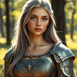 A realistic depiction of a shy and innocent-looking young European woman who is a sun cleric healer