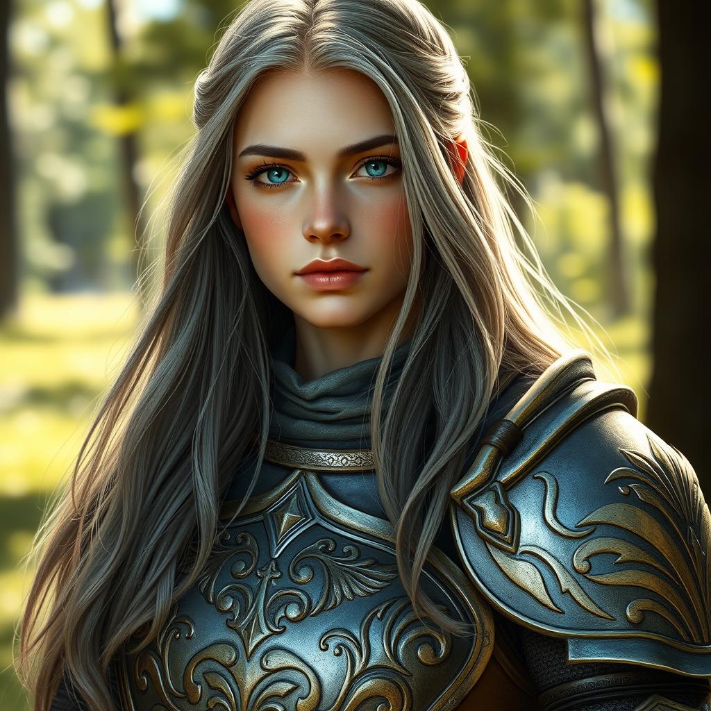 A realistic depiction of a shy and innocent-looking young European woman who is a sun cleric healer