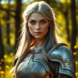 A realistic depiction of a shy and innocent-looking young European woman who is a sun cleric healer