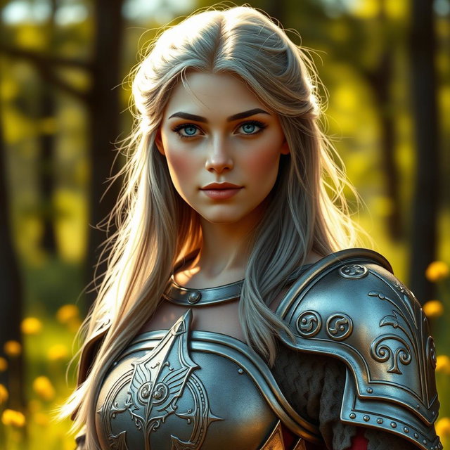 A realistic depiction of a shy and innocent-looking young European woman who is a sun cleric healer