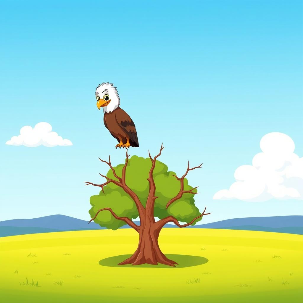 A cartoon scene depicting a vibrant green plain with a single dry tree in the center