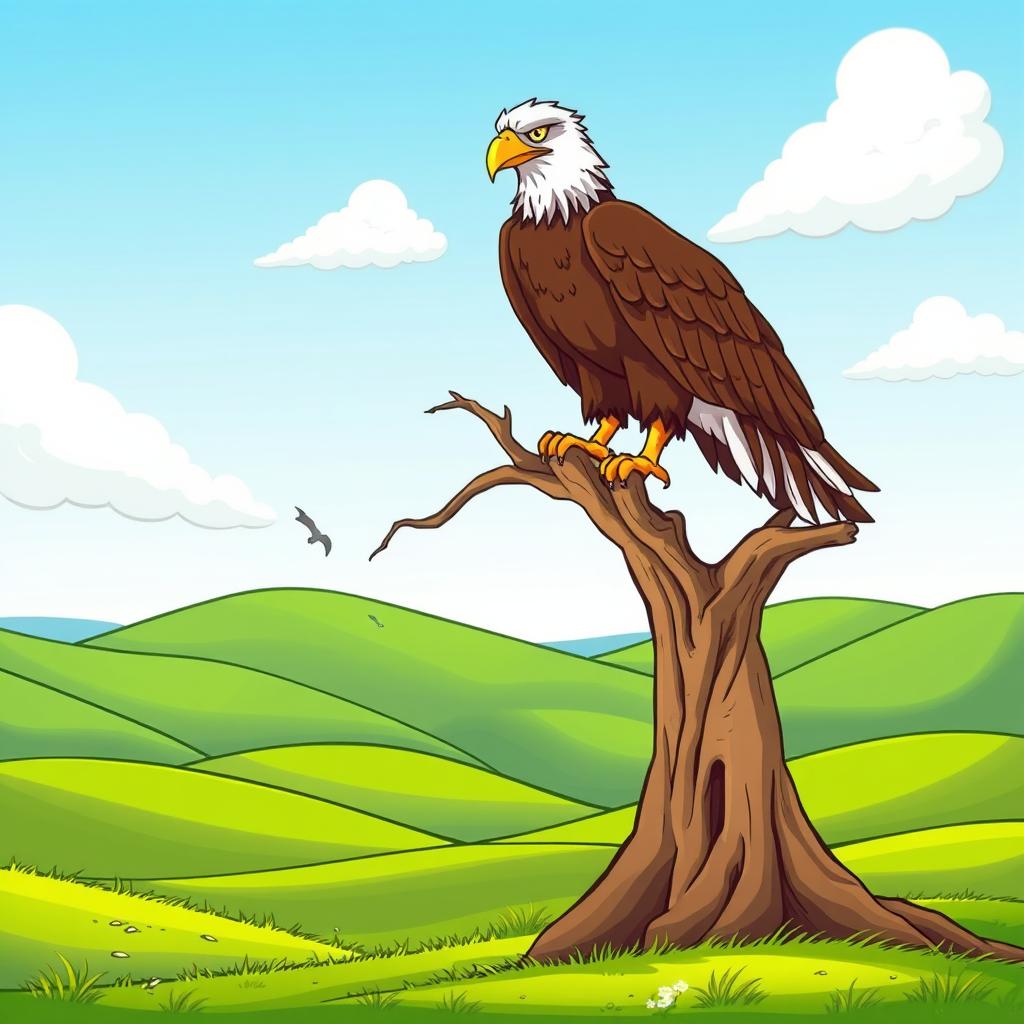 A vibrant cartoon scene depicting a large, dry tree standing tall in a lush green plain